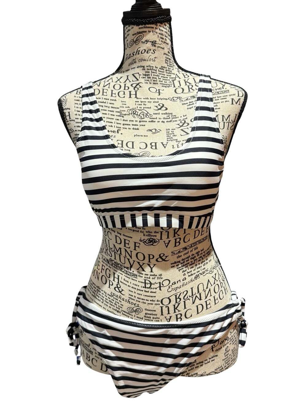 Cupshe Black White Striped Bikini Set Size Large NWOT Lace Up Back Swimwear